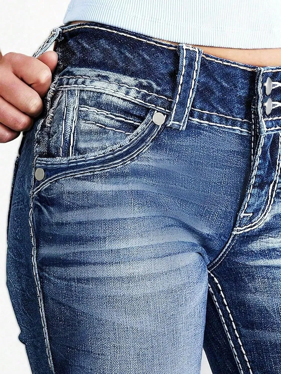 Women Mid Waisted Bootcut Jeans Zip Stretchy Slim Casual Double Button Flare Denim Pants with Distressed Pocket