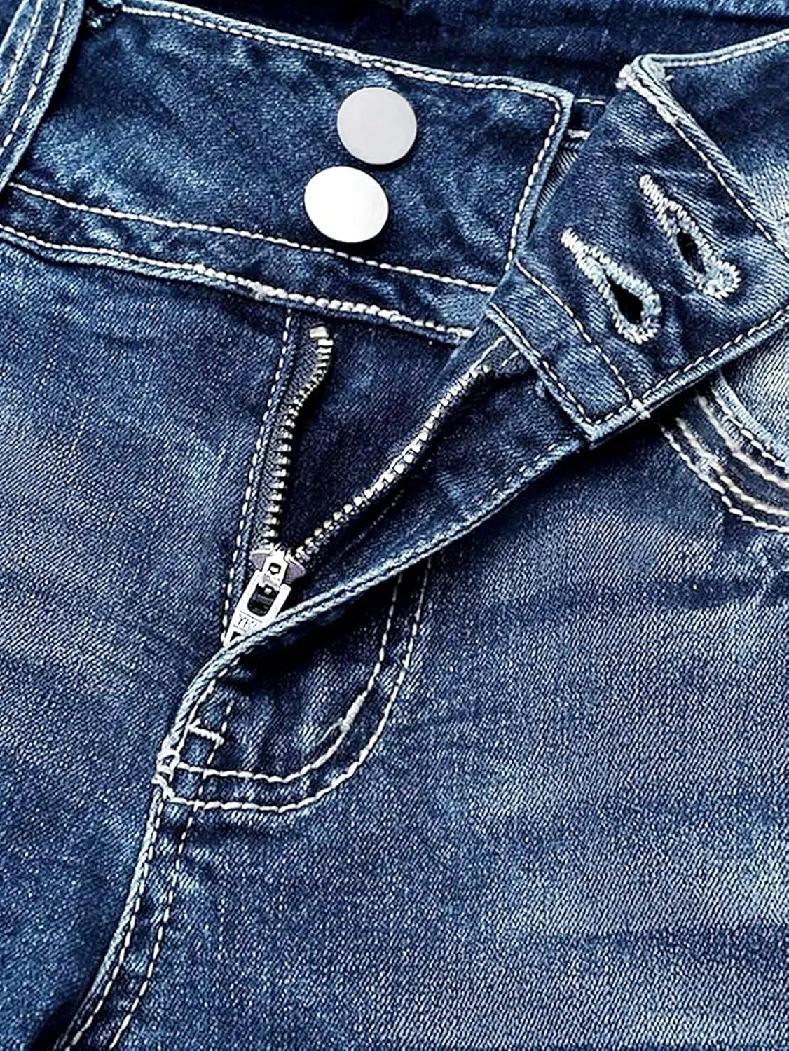 Women Mid Waisted Bootcut Jeans Zip Stretchy Slim Casual Double Button Flare Denim Pants with Distressed Pocket