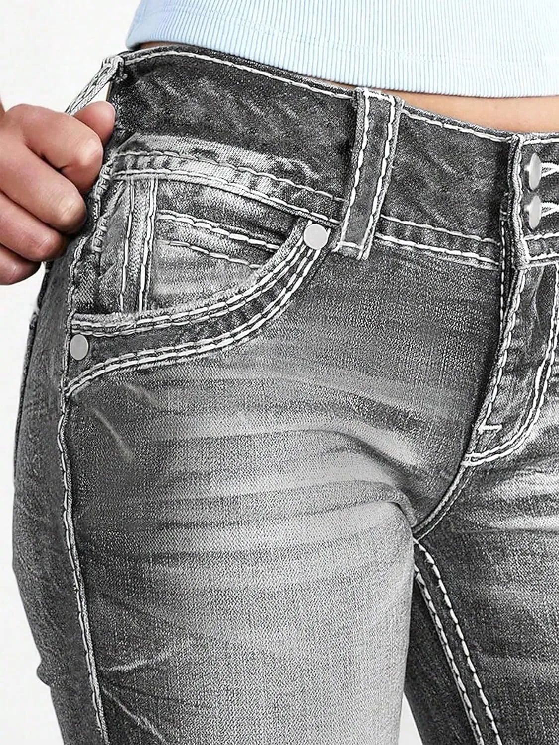 Women Mid Waisted Bootcut Jeans Zip Stretchy Slim Casual Double Button Flare Denim Pants with Distressed Pocket