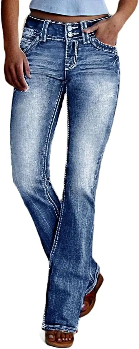 Women Mid Waisted Bootcut Jeans Zip Stretchy Slim Casual Double Button Flare Denim Pants with Distressed Pocket