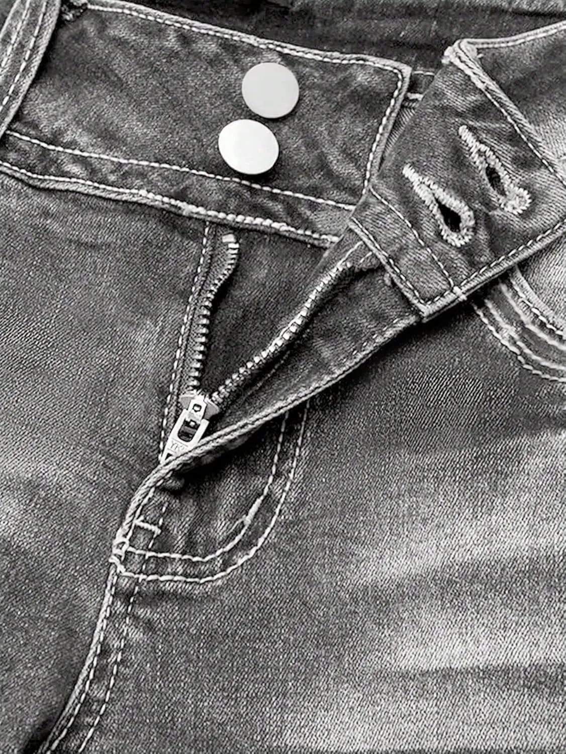 Women Mid Waisted Bootcut Jeans Zip Stretchy Slim Casual Double Button Flare Denim Pants with Distressed Pocket