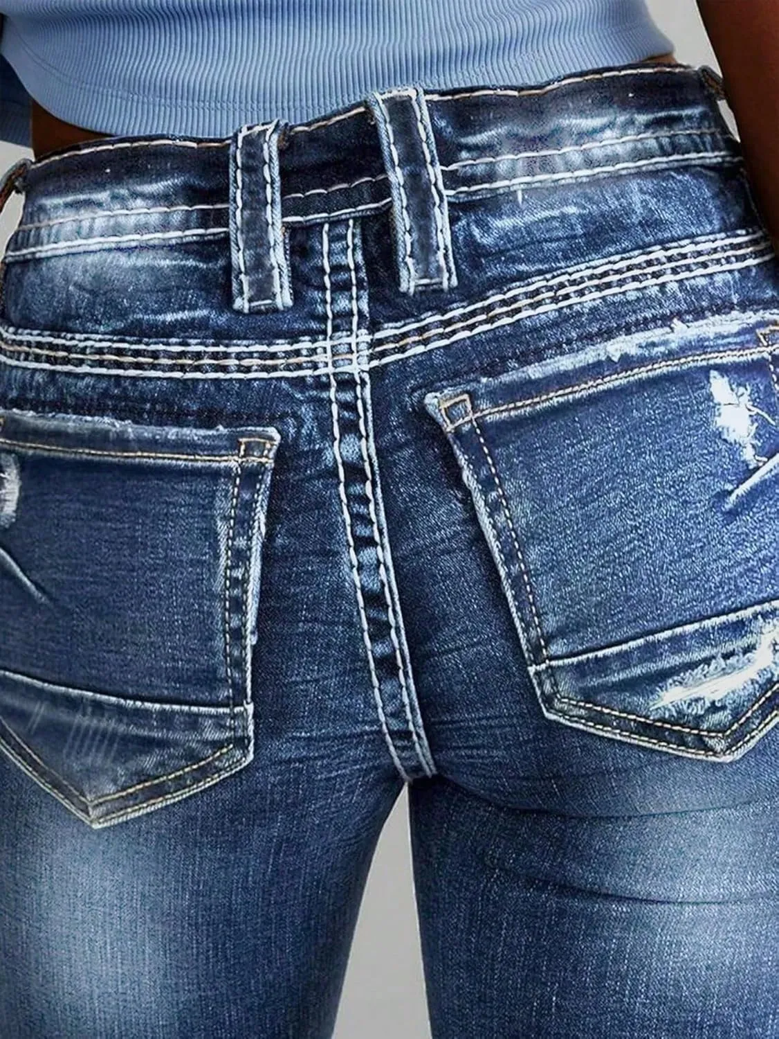 Women Mid Waisted Bootcut Jeans Zip Stretchy Slim Casual Double Button Flare Denim Pants with Distressed Pocket