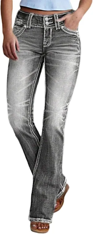 Women Mid Waisted Bootcut Jeans Zip Stretchy Slim Casual Double Button Flare Denim Pants with Distressed Pocket