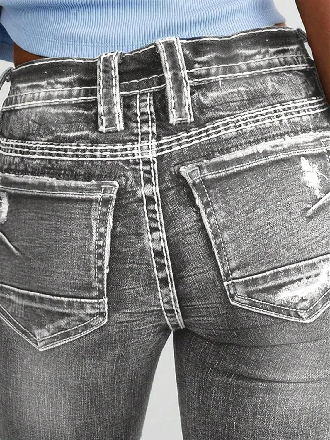 Women Mid Waisted Bootcut Jeans Zip Stretchy Slim Casual Double Button Flare Denim Pants with Distressed Pocket