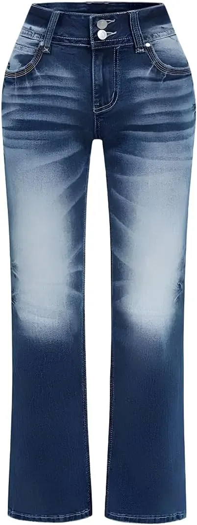 Women Mid Waisted Bootcut Jeans Zip Stretchy Slim Casual Double Button Flare Denim Pants with Distressed Pocket