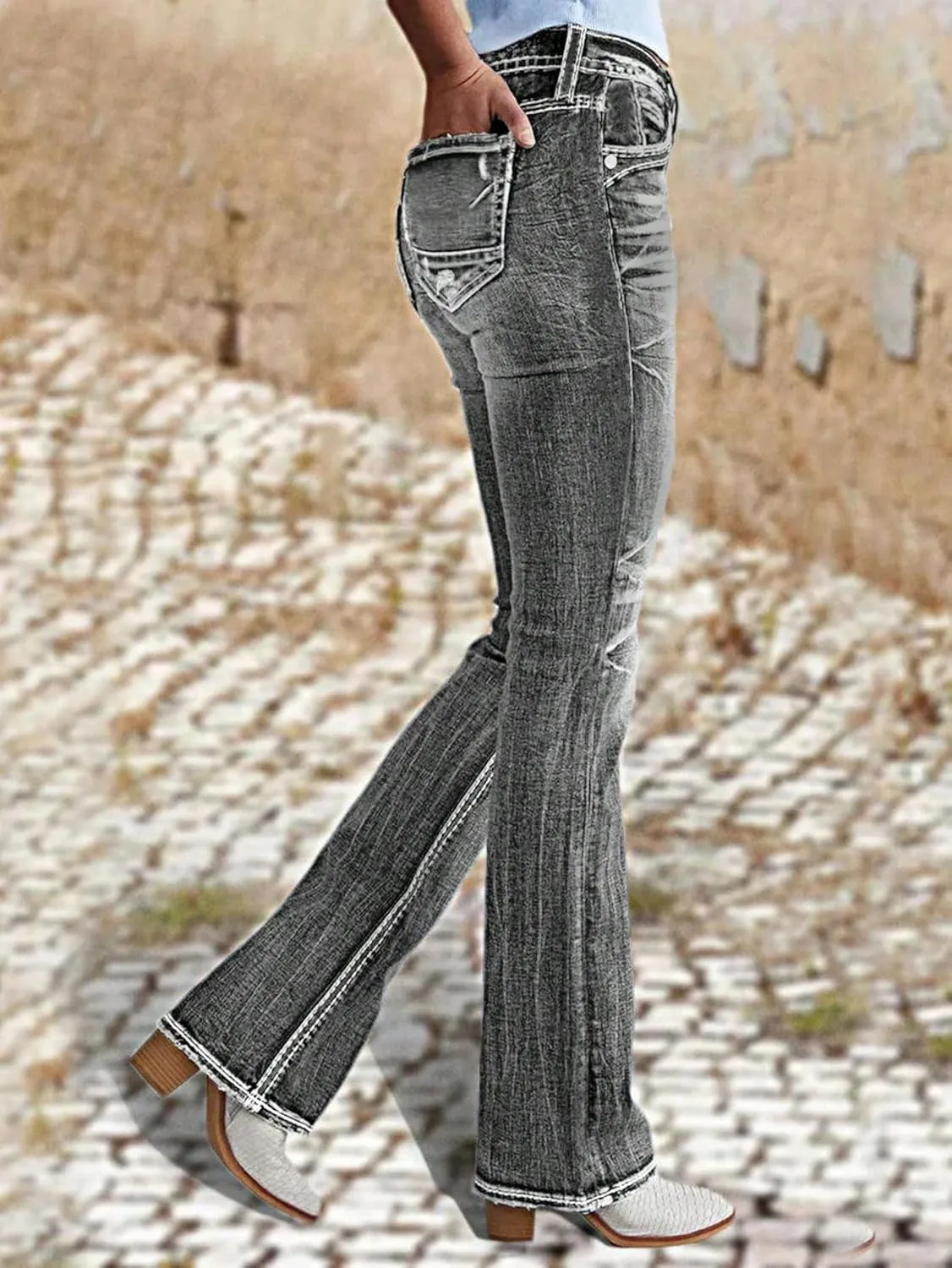 Women Mid Waisted Bootcut Jeans Zip Stretchy Slim Casual Double Button Flare Denim Pants with Distressed Pocket