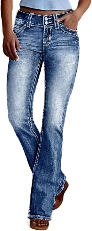Women Mid Waisted Bootcut Jeans Zip Stretchy Slim Casual Double Button Flare Denim Pants with Distressed Pocket