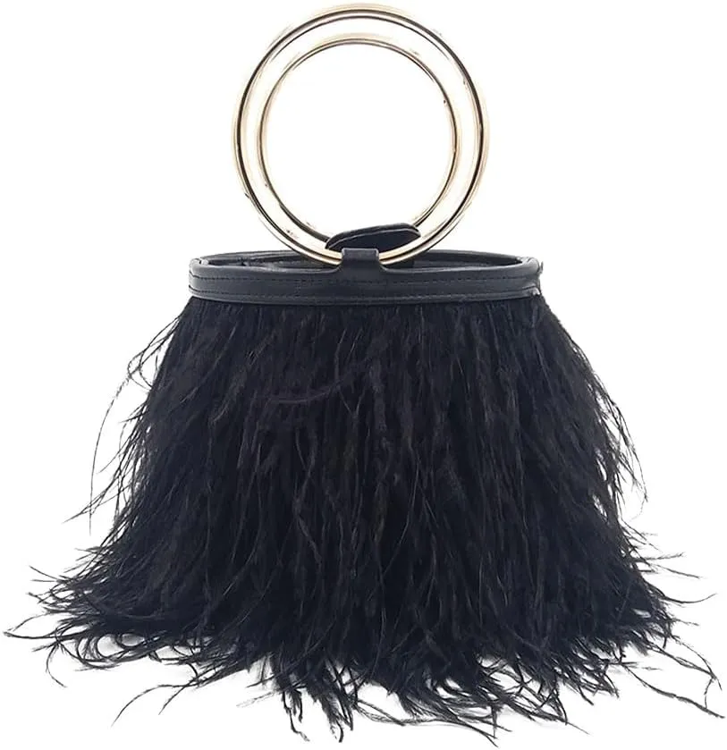 Women Ostrich Fluffy Tote Bag Feather Purse Crossbody Bag Shoulder Bag Evening Clutch Bride Purse Banquet Party Black
