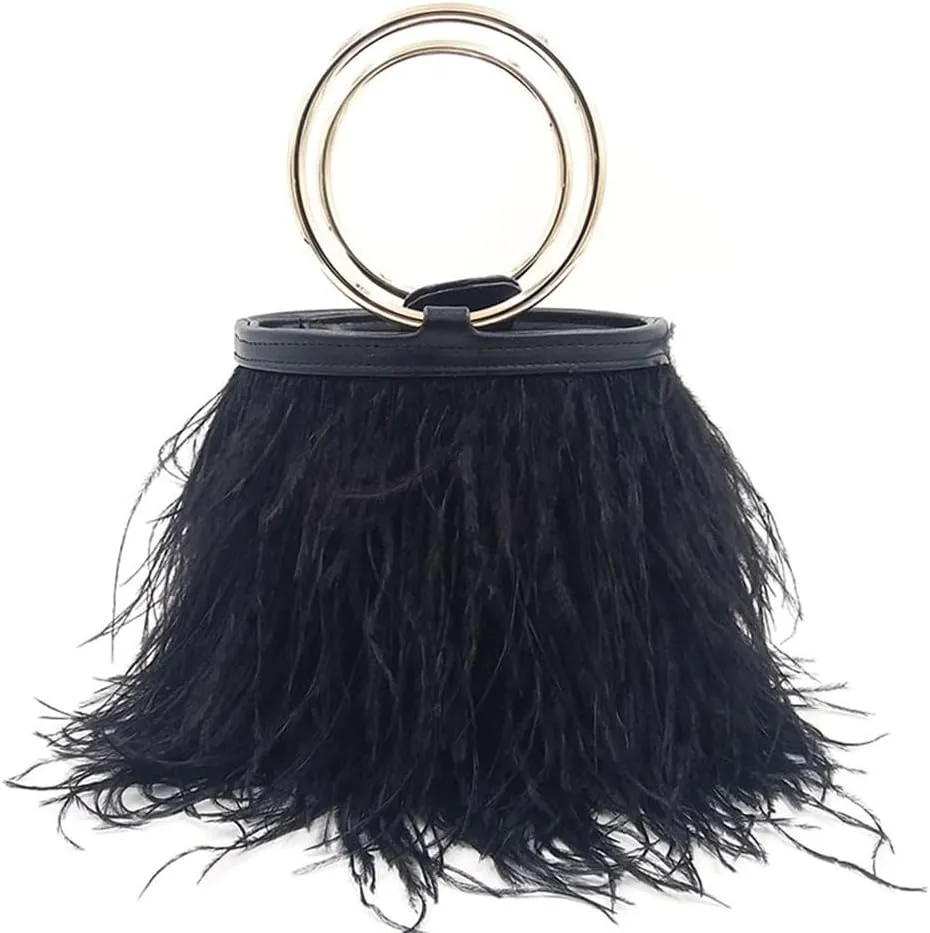Women Ostrich Fluffy Tote Bag Feather Purse Crossbody Bag Shoulder Bag Evening Clutch Bride Purse Banquet Party Black