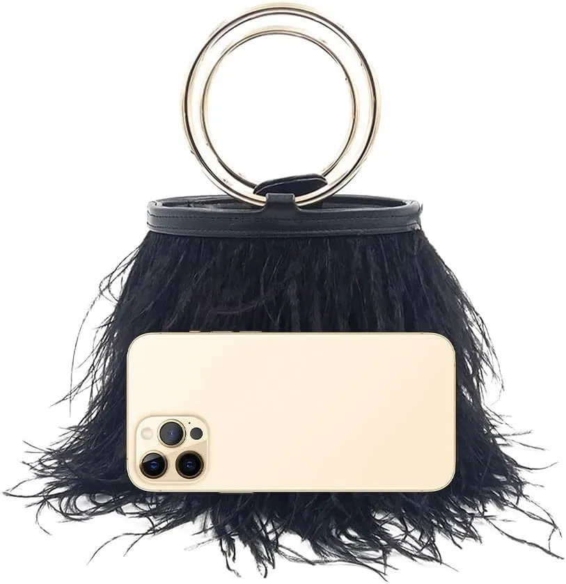 Women Ostrich Fluffy Tote Bag Feather Purse Crossbody Bag Shoulder Bag Evening Clutch Bride Purse Banquet Party Black
