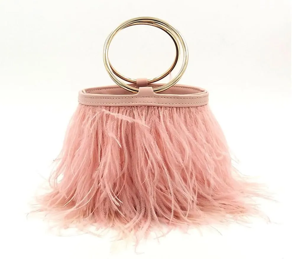 Women Ostrich Fluffy Tote Bag Feather Purse Crossbody Bag Shoulder Bag Evening Clutch Bride Purse Banquet Party Lotus Pink