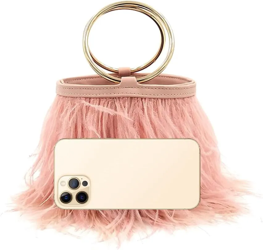 Women Ostrich Fluffy Tote Bag Feather Purse Crossbody Bag Shoulder Bag Evening Clutch Bride Purse Banquet Party Lotus Pink