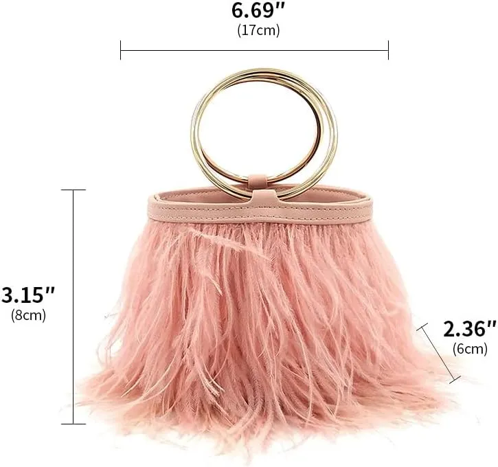 Women Ostrich Fluffy Tote Bag Feather Purse Crossbody Bag Shoulder Bag Evening Clutch Bride Purse Banquet Party Lotus Pink