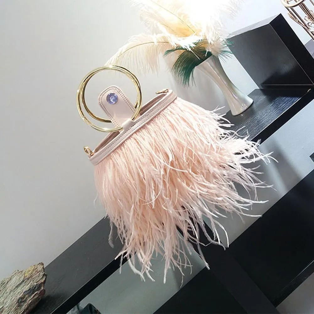 Women Ostrich Fluffy Tote Bag Feather Purse Crossbody Bag Shoulder Bag Evening Clutch Bride Purse Banquet Party Pink