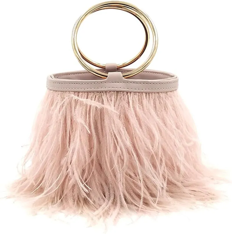 Women Ostrich Fluffy Tote Bag Feather Purse Crossbody Bag Shoulder Bag Evening Clutch Bride Purse Banquet Party Pink