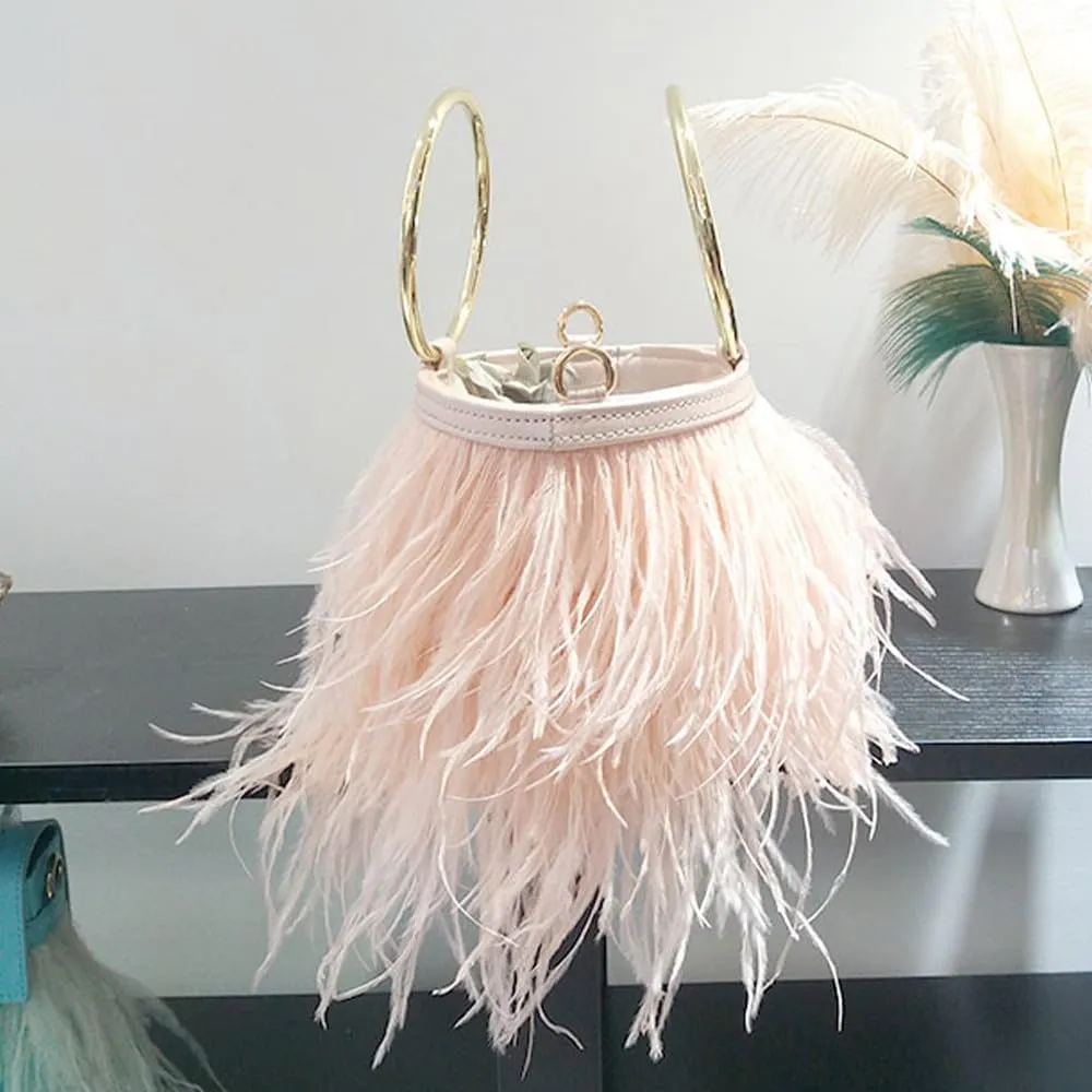 Women Ostrich Fluffy Tote Bag Feather Purse Crossbody Bag Shoulder Bag Evening Clutch Bride Purse Banquet Party Pink