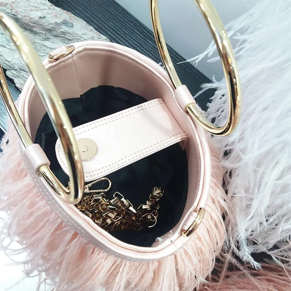 Women Ostrich Fluffy Tote Bag Feather Purse Crossbody Bag Shoulder Bag Evening Clutch Bride Purse Banquet Party Pink