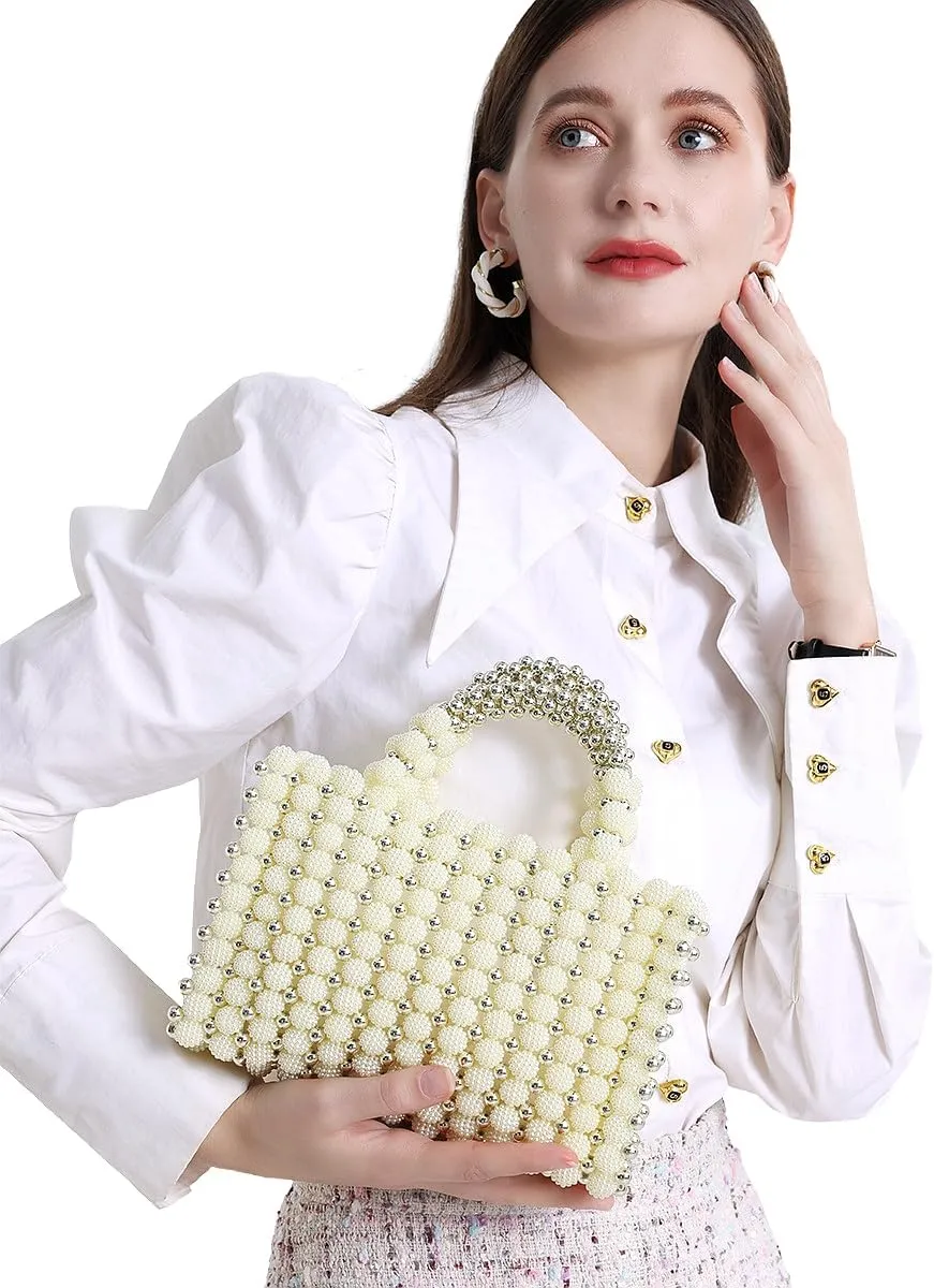 Women Pearl Clutch Bag Beaded Handbag Purse Wedding Bridal Evening Bag Elegant Shoulder Bag for Formal Party