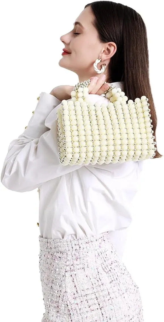 Women Pearl Clutch Bag Beaded Handbag Purse Wedding Bridal Evening Bag Elegant Shoulder Bag for Formal Party