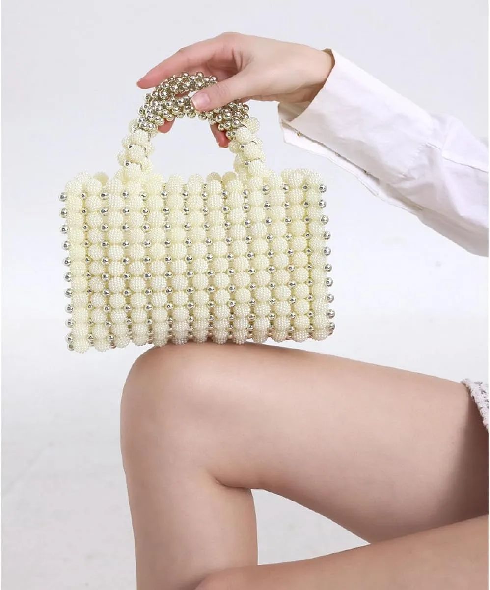 Women Pearl Clutch Bag Beaded Handbag Purse Wedding Bridal Evening Bag Elegant Shoulder Bag for Formal Party