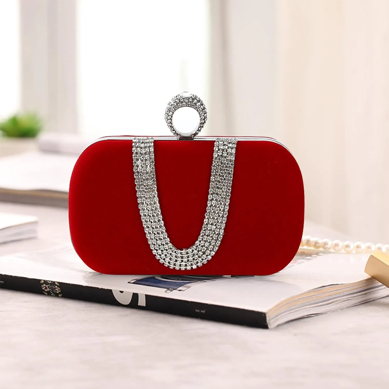 Women Velvet Evening Bag Sparkly Rhinestone Clutch Bag Bridal Wedding Purse Charming Glittering Handbag