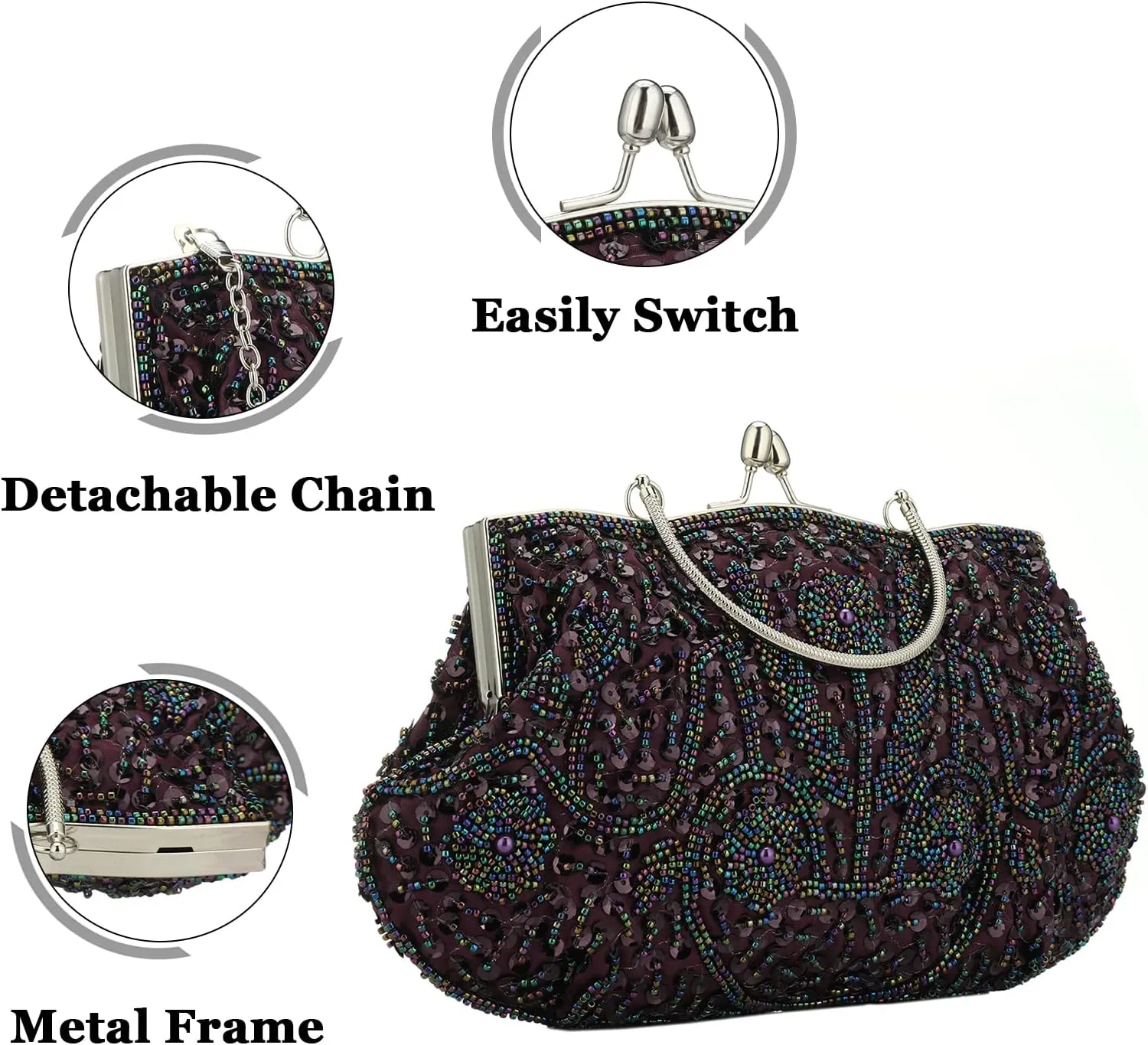 Women Vintage Beaded Evening Clutch Vintage Design Sequin Floral Top-handle Handbag Party Wedding Purse Wallet (Purple)