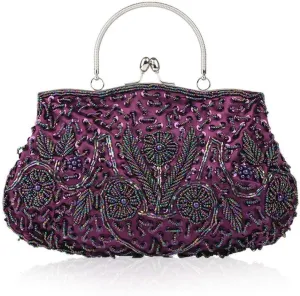 Women Vintage Beaded Evening Clutch Vintage Design Sequin Floral Top-handle Handbag Party Wedding Purse Wallet (Purple)