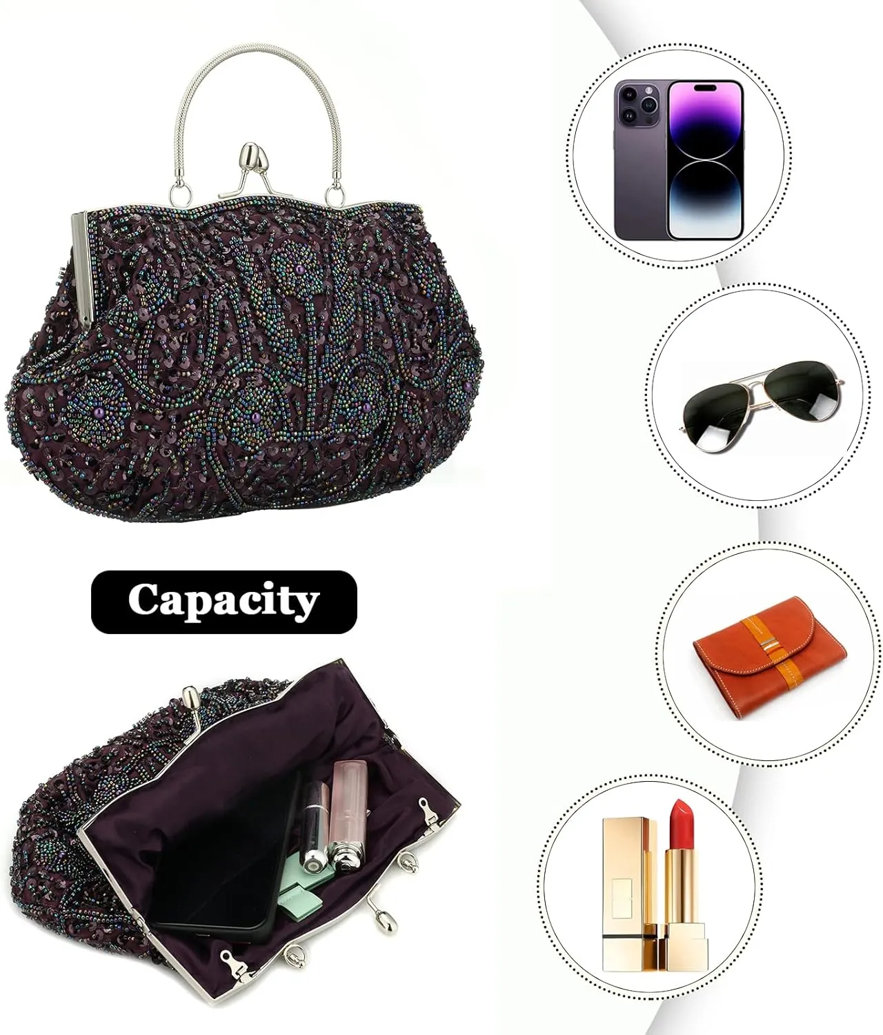 Women Vintage Beaded Evening Clutch Vintage Design Sequin Floral Top-handle Handbag Party Wedding Purse Wallet (Purple)