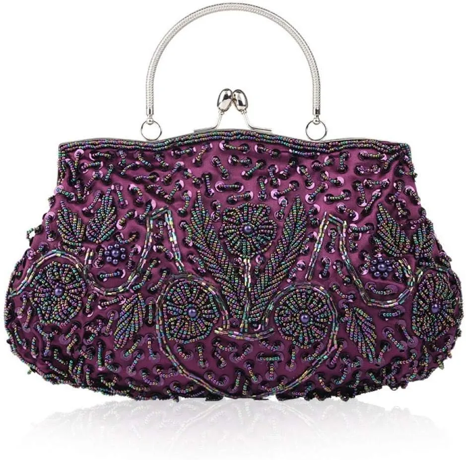 Women Vintage Beaded Evening Clutch Vintage Design Sequin Floral Top-handle Handbag Party Wedding Purse Wallet (Purple)