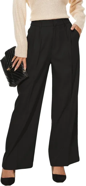 Women Wide Leg High Waist Wide Leg Pants Loose Fit Back Elastic Waist Pleated Front Trousers for Work Casual