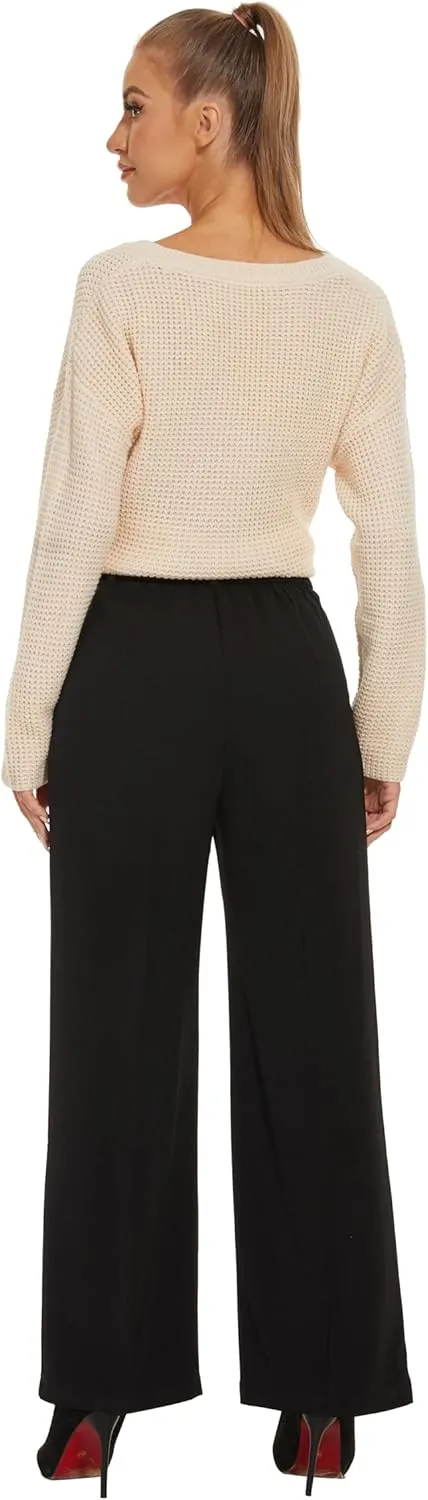 Women Wide Leg High Waist Wide Leg Pants Loose Fit Back Elastic Waist Pleated Front Trousers for Work Casual