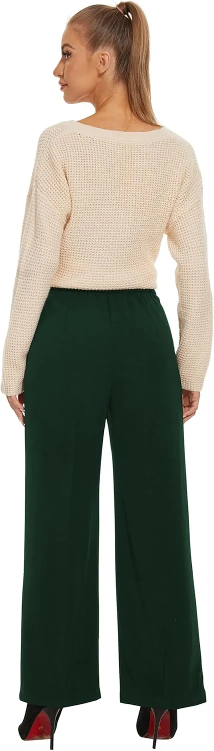 Women Wide Leg High Waist Wide Leg Pants Loose Fit Back Elastic Waist Pleated Front Trousers for Work Casual