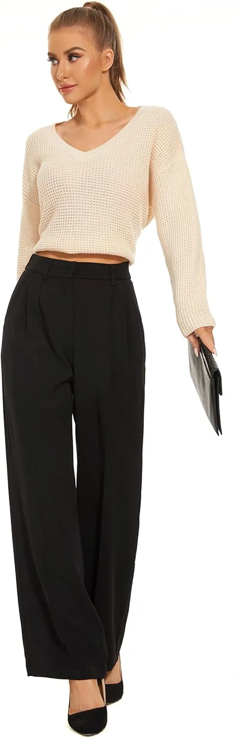 Women Wide Leg High Waist Wide Leg Pants Loose Fit Back Elastic Waist Pleated Front Trousers for Work Casual