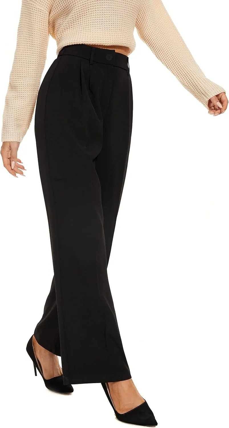 Women Wide Leg High Waist Wide Leg Pants Loose Fit Back Elastic Waist Pleated Front Trousers for Work Casual