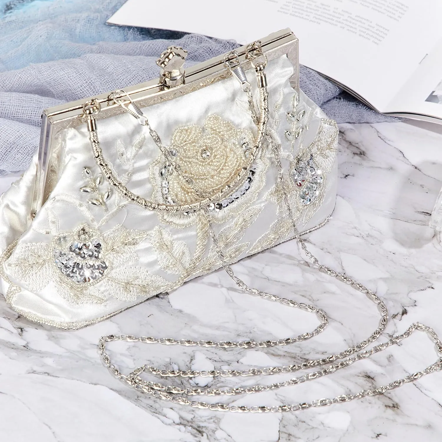 Women's Beaded Clutch Vintage Embroidery Evening Bag Sequin Rhinestone Clutch Purse Floral Crossbody Bag