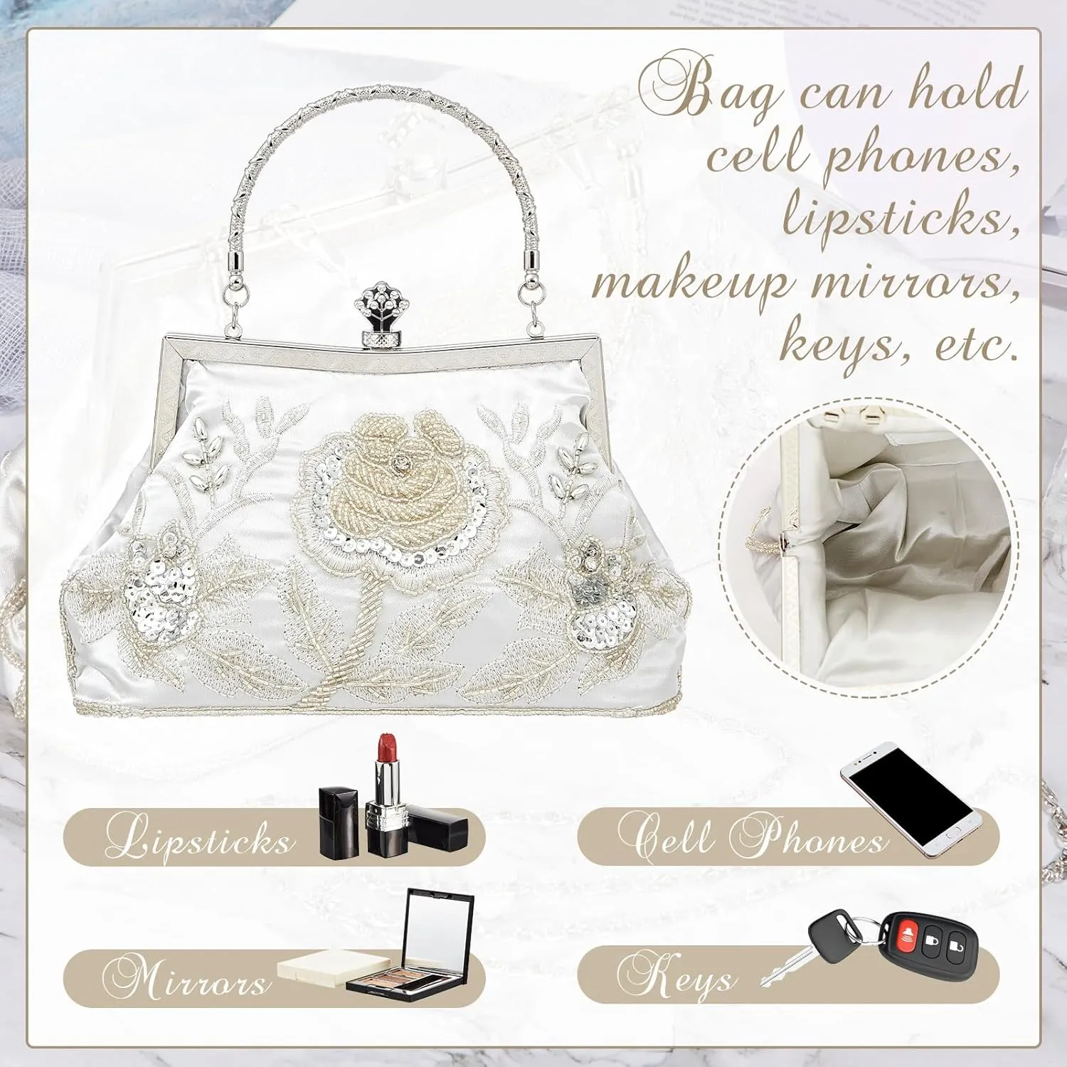 Women's Beaded Clutch Vintage Embroidery Evening Bag Sequin Rhinestone Clutch Purse Floral Crossbody Bag