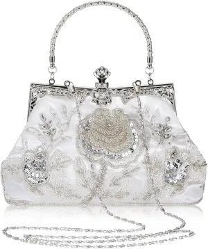 Women's Beaded Clutch Vintage Embroidery Evening Bag Sequin Rhinestone Clutch Purse Floral Crossbody Bag