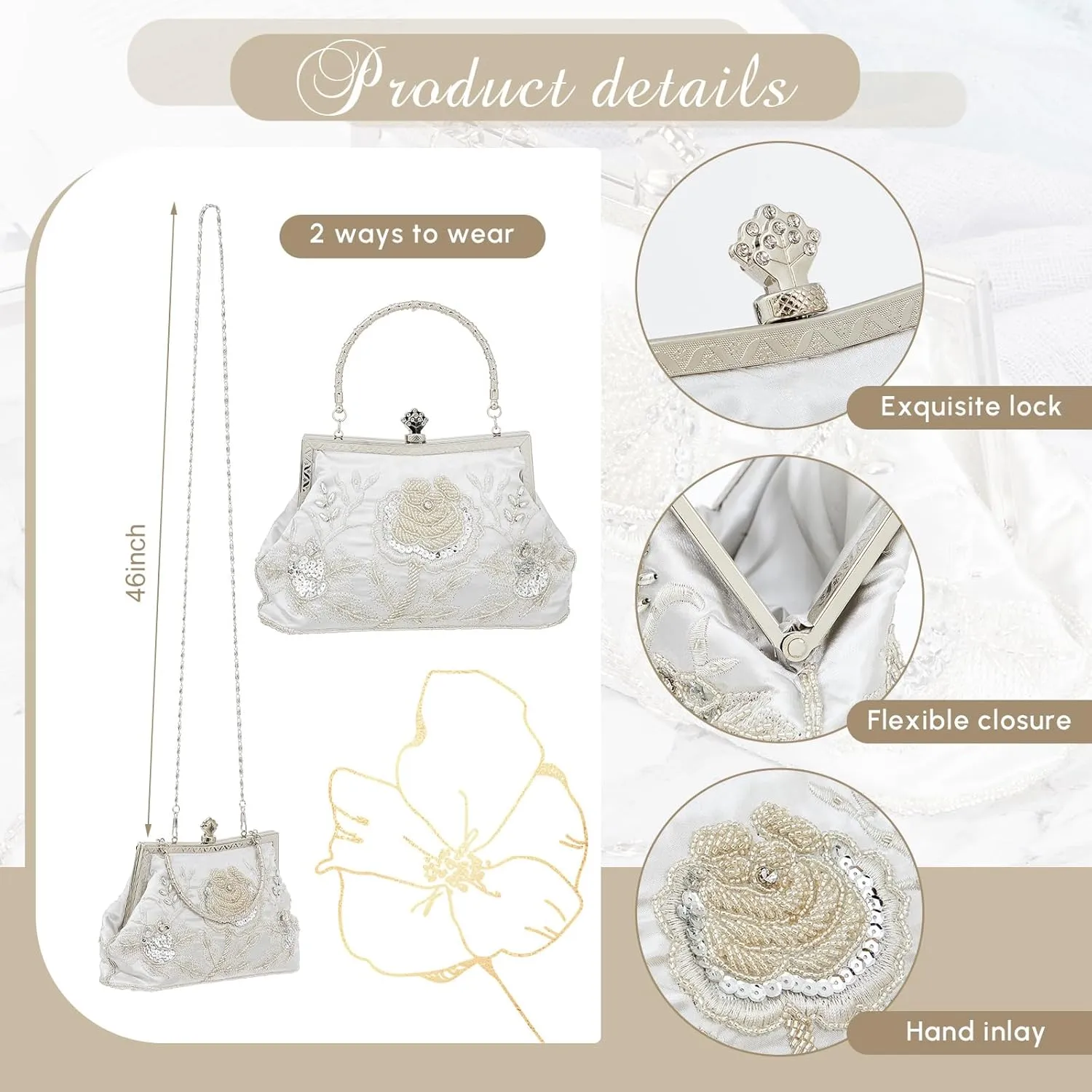 Women's Beaded Clutch Vintage Embroidery Evening Bag Sequin Rhinestone Clutch Purse Floral Crossbody Bag