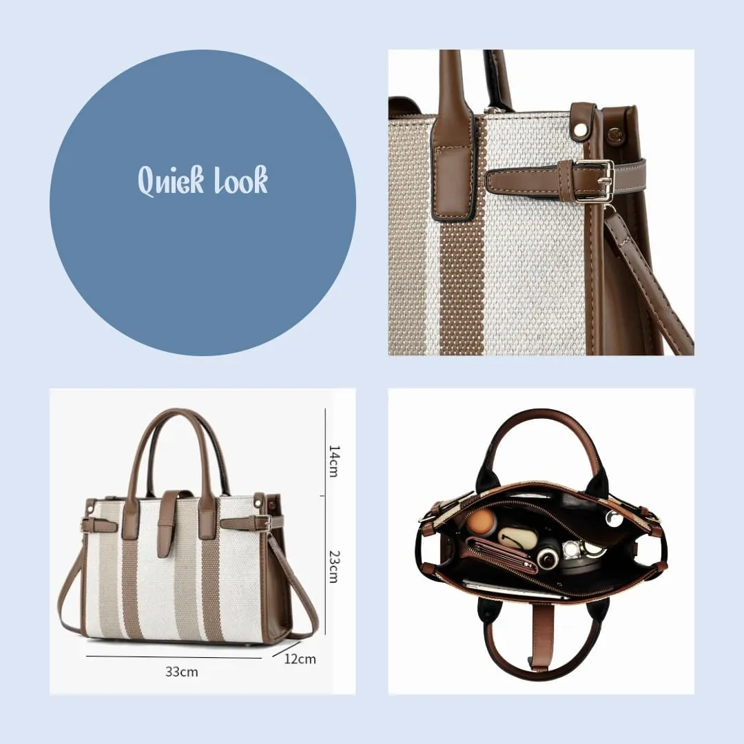 Women's Canvas Tote Bag with Brown and White Striped Design, Casual Handbag Large Canvas Tote Bag for Women - Multiple Colors