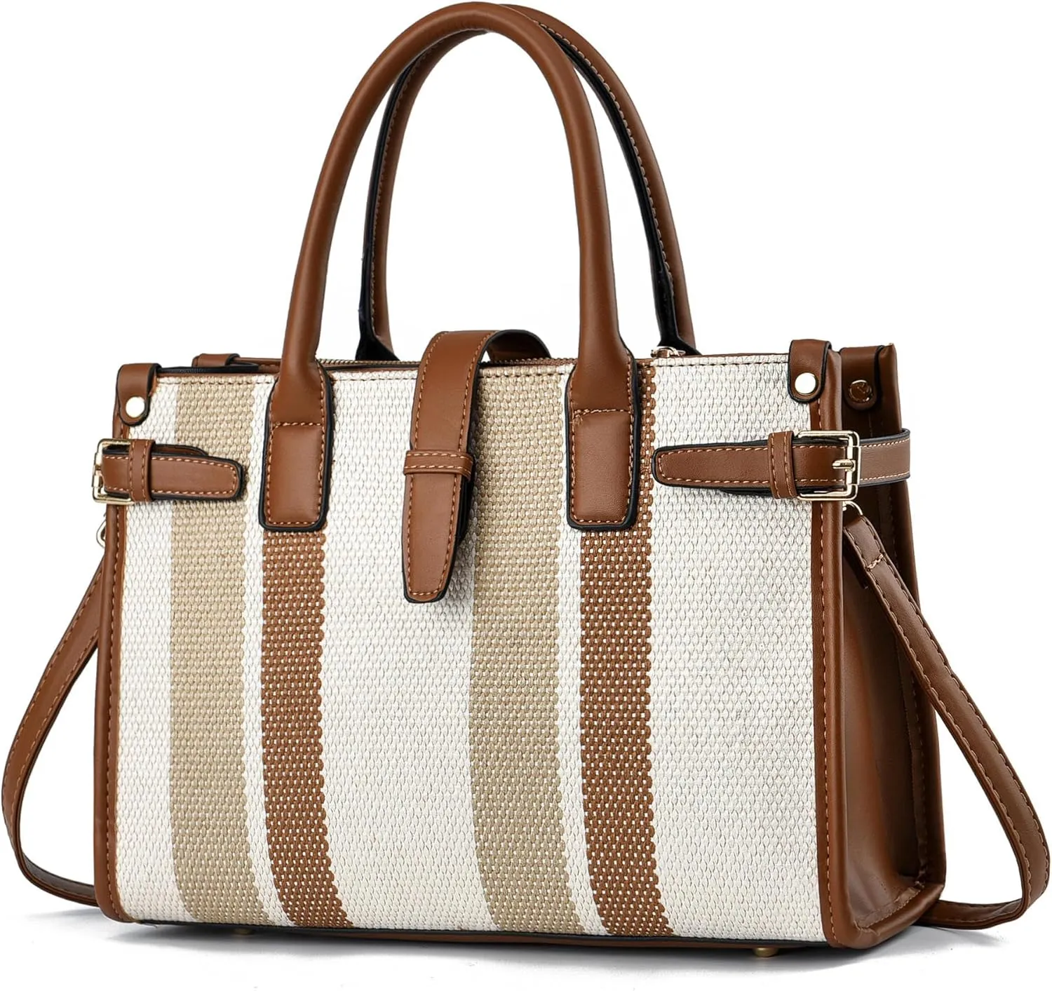 Women's Canvas Tote Bag with Brown and White Striped Design, Casual Handbag Large Canvas Tote Bag for Women - Multiple Colors
