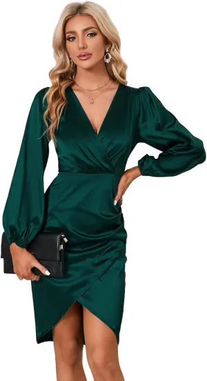 Women's Cocktail Dress V Neck Long Sleeve Faux Wrap Satin Dresses Bodycon Sexy Midi Dresses Wedding Guest Dress