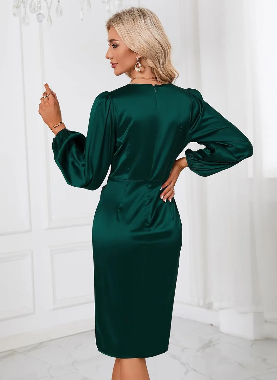 Women's Cocktail Dress V Neck Long Sleeve Faux Wrap Satin Dresses Bodycon Sexy Midi Dresses Wedding Guest Dress