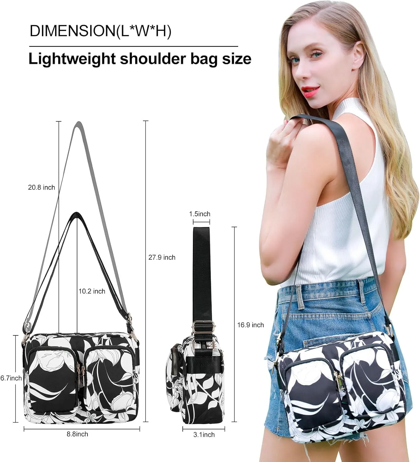 Women's Crossbody Bags - Multi Pocket Shoulder Bag Lightweight Purse Stylish Printed Crossbody Bag