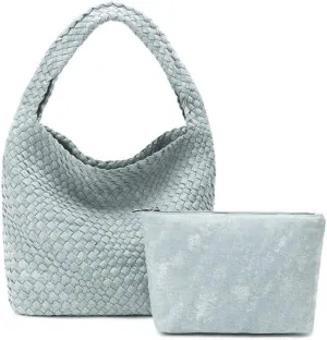 Women's Denim Woven Bag Fashion Hand-Woven Tote Handbag Shoulder Bag Underarm Bag with Wallet Casual Handbag for Work Travel