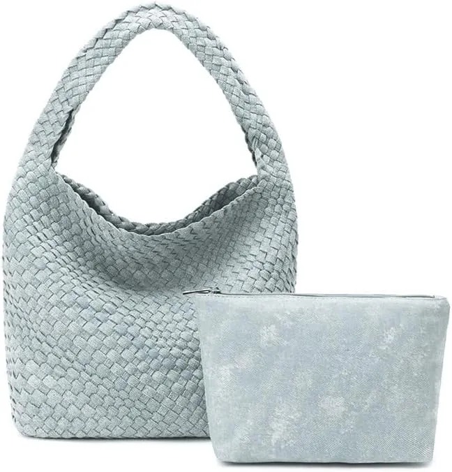 Women's Denim Woven Bag Fashion Hand-Woven Tote Handbag Shoulder Bag Underarm Bag with Wallet Casual Handbag for Work Travel