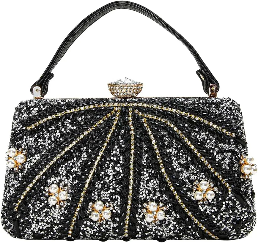 Women's Evening Bag Rhinestone Clutch Bag Pearl Beaded Shoulder Bag Sparkly Crystal Handbag Bridal Wedding Purse