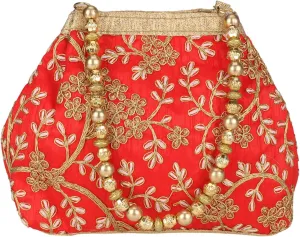 Women's Fantastic Silk Indian Ethnic Potli Bag with Handicraft work (Red Potli)
