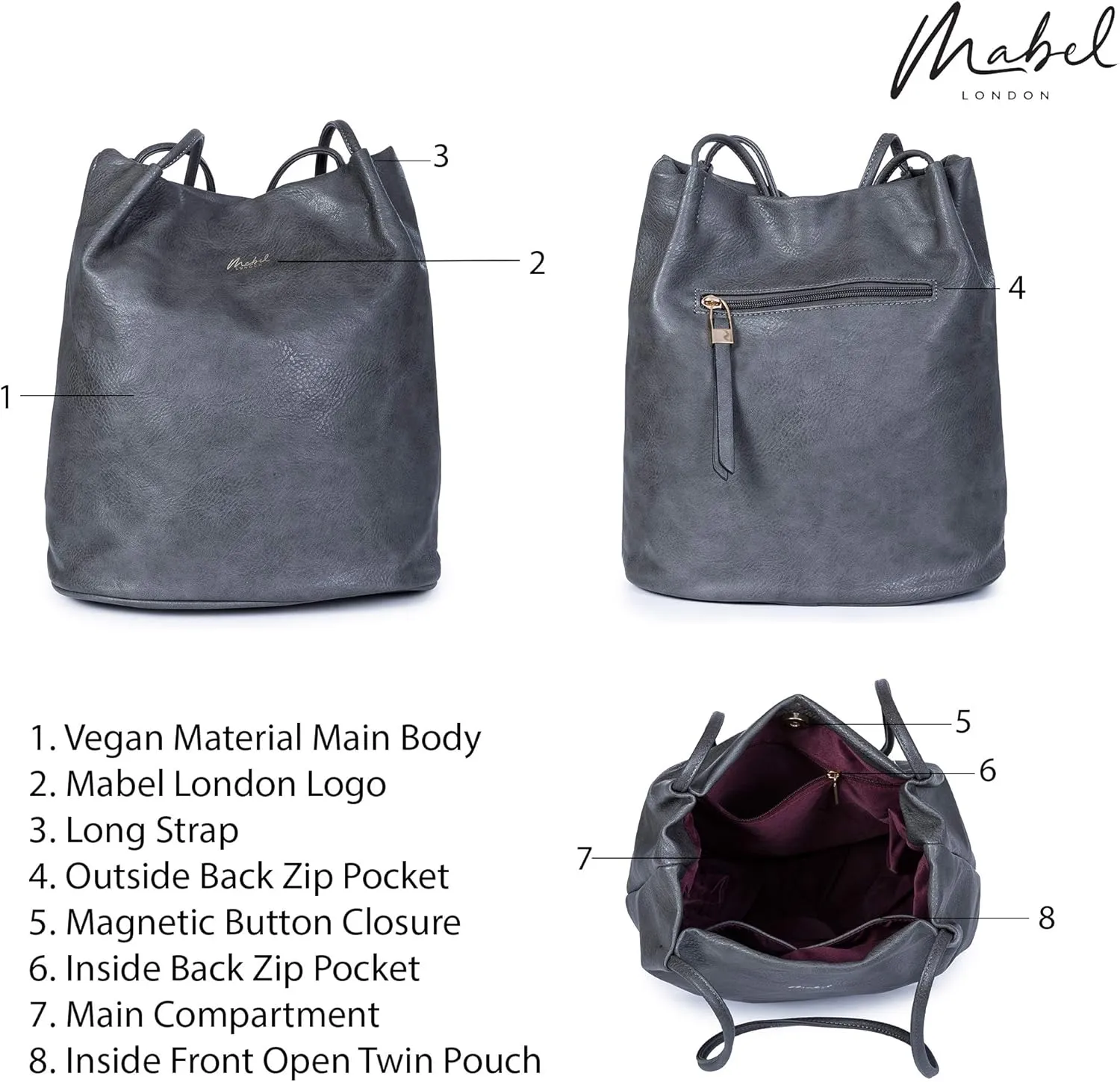 Women's Fashion Designer Medium Size Plain Soft Vegan Leather Hobo Bucket Tote Shoulder Bag - Delilah