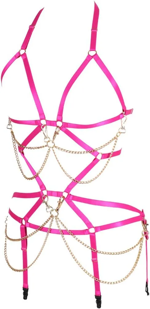 Women's Full Body Harness Bra Garter Set Lingerie cage Punk Gothic Belt Festival Rave Body Chain Stretchy Fabric