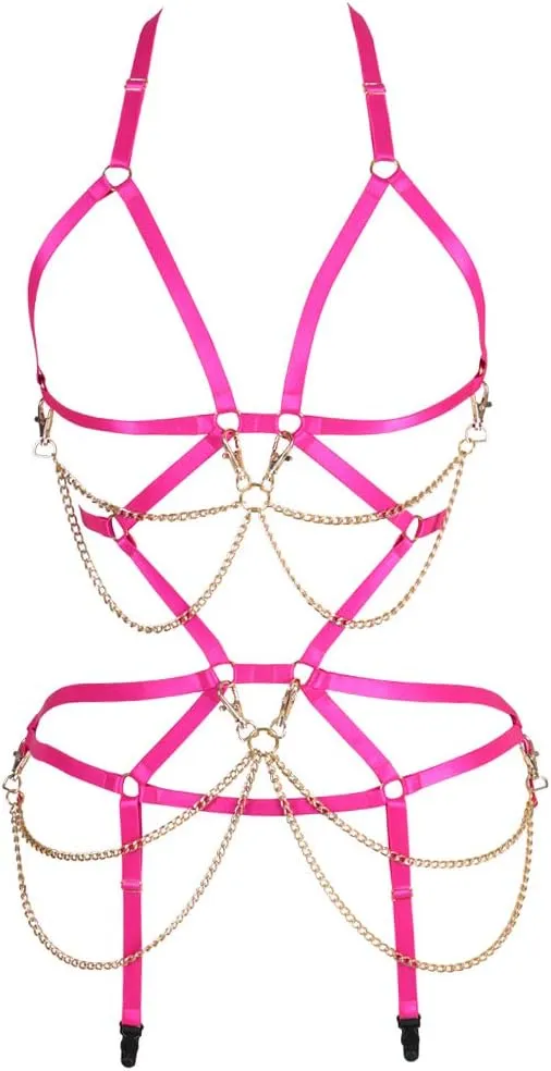 Women's Full Body Harness Bra Garter Set Lingerie cage Punk Gothic Belt Festival Rave Body Chain Stretchy Fabric